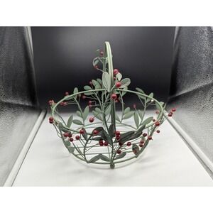 Vintage Pfaltzgraff Winterwood Metal Basket Holly Berry & Sage Green Leaves 10x8